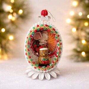Vintage Handmade Christmas Egg Ornament Diorama Beaded Holiday Decor